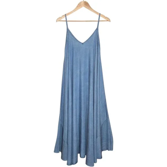 Tempo Paris Oversized Maxi Dress Blue Chambray Women M Lagenlook Coastal Cowgirl - Picture 1 of 10